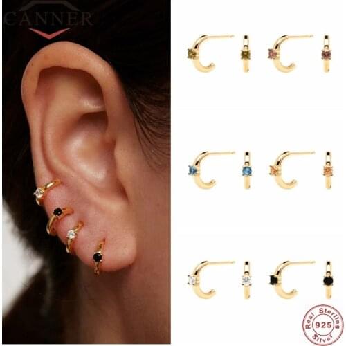 CANNER 925 Sterling Silver Colored Zircon Stud Earrings for Women Geometric Zircon Piercing Earring Earings Jewelry pendientes