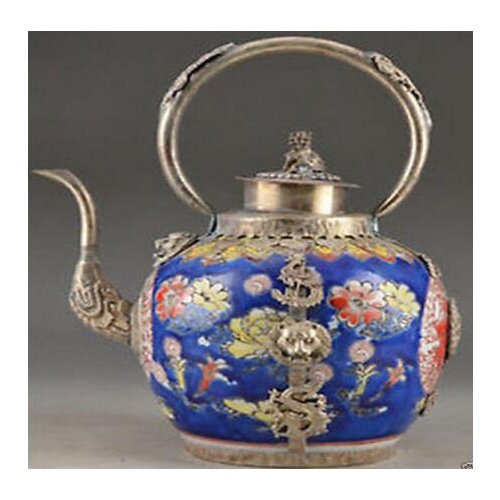 Vintage Handwork Teapot For Chinese Oriental Tibet Silver dragon Blue White Porcelain teapot Antique Metal Wholesale