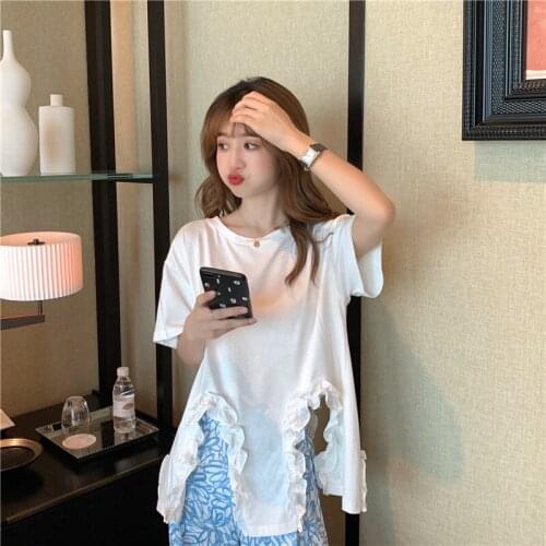 European New Summer Wild Loose White O Neck Short Sleeve Ruffles Irregular Design T-shirts Women Tops Fashion Streetwear 2021
