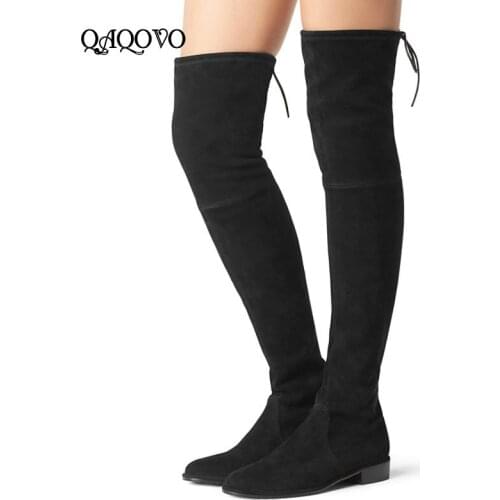 Flat Over The Knee Boots Autumn Winter Women Boots Stretch Faux Suede Long Boots Fashion Ladies Shoes Big Size 34-43