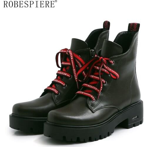 ROBESPIERE Winter Ankle Boots For Women Thick Heels Large Size Shoes Casual Lacing Round Toe Platform Boots Shoes Female B144