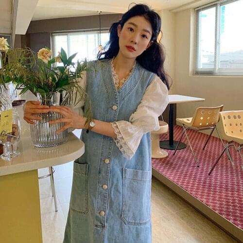 Women Dress Sets 2021 Korean Versatile Lace Flared Sleeve Shirt And Single Breasted Loose Pocket Denim Vest Skirt Suit
