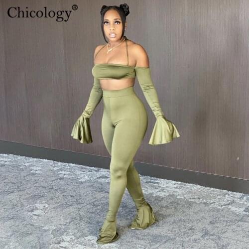 Chicology Off Shoulder Flare Long Sleeve Crop Top Pants Two Piece Set Women 2020 Sexy Club Outfits Winter Fall Birthday Clothes