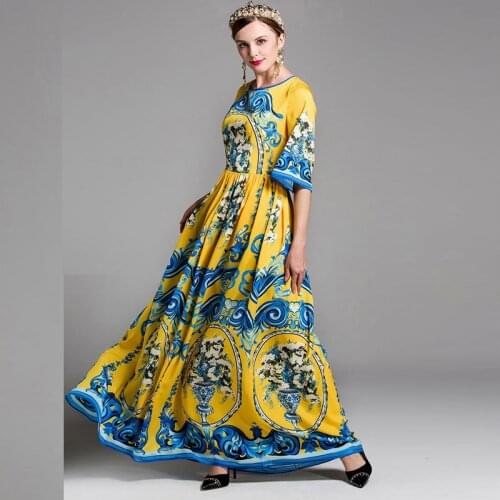 2021 spring summer women maxi long dresses blue and white porcelain printed beach dress quality runway xxl dress