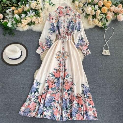 Guilantu Spring Print Floral Vintage Maxi Dress Women Long Sleeve Shirt Dress Vestiodos Evening Party Robe Longue Dresses Female