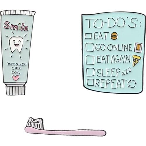 To Do List Toothbrush Toothpaste Pin Smile Tooth Eat Pizza Burger Lapel pin Dentist Brooches