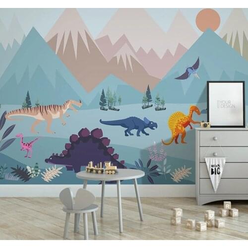 Custom 3D Wall Mural Dinosaur World Cartoon Animal Snow Mountain Scenery Childrens Room Background Wall Mural Papel De Parede