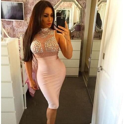 6 colors Top Quality Sleeveless Manutal Beading Hollow Out Rayon Bandage Dress Homecoming Party Bodycon Dress