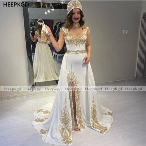 White Arabic Evening Dress Mermaid Detachable Train Long Formal Occasion Dresses Gold Lace Tassel Dubai Prom Party Gowns Slit