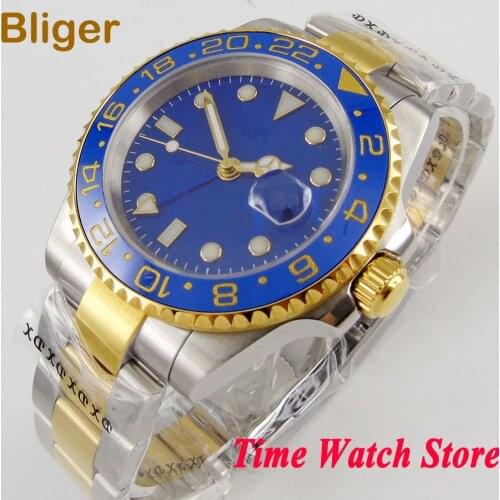 Bliger 40mm gold GMT 3804 automatic wrist watch men waterproof blue strile dial luminous sapphire glass ceramic Bezel 145