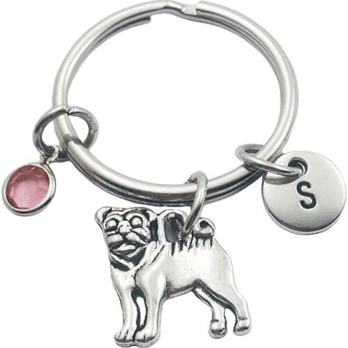 Pug Dog Animal Initial Letter Monogram Birthstone Keychains Keyring Creative Fashion Jewelry Women Gifts Accessories Pendants