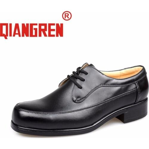 QIANGREN Military Brand Mens Genuine Leather Spring Autumn Government Staff Black Dress Shoes Business Officer Shoes Cow Leather