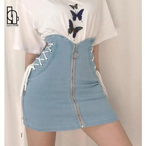Temperament Elegant Slim A Line Skirt summer Trendy Fashion High Waist Denim Faldas Side Cross Lacing Zipper Skirts