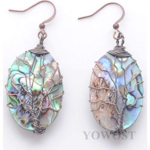 Elegant Dangle Earrings for Women Jewelry Gifts Tree of Life Oval Ancient Copper Wrap Wire Abalone Shell Earring QR3478