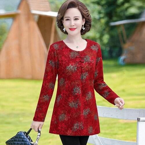 Chinese Style Long Sleeve T-Shirts Spring Fall Women Pullover Jacquard Middle Age Mother Plus Size Retro Casual Tops Tee