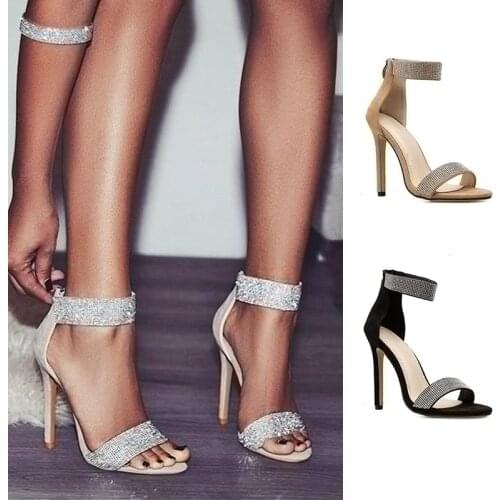 Comemore Sparkling Apricot Black Diamond Crystal High Heels Women Sandals 2021 New Summer Sexy Party Heels Sandals Women size 43