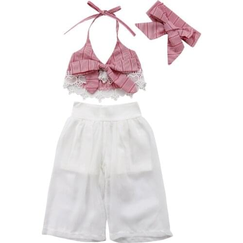 Summer Sleeveless Lace Bow Crop Vest Tops Mesh Pant Headbands Girl Clothing 3PCS Outfits Toddler Children Baby Girls Clothes Set