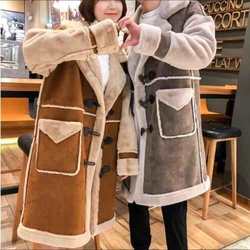Couple Long Section Deerskin Windbreaker Men Autumn And Winter Korean Version Of The Loose Thick Horn Buckle Lamb Wool Coats