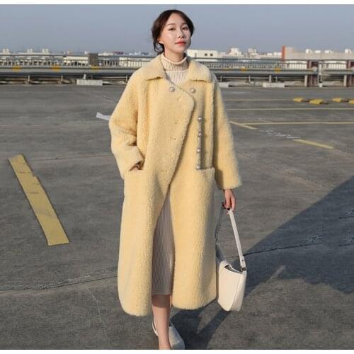 New Style Particles Cashmere Lambswool Coat Women Winter Warm Sheep Shearing Parka Coat Ladies Long Slim Wool Coat Overcoat