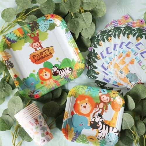 Woodland Jungle Animals Disposable Tableware Jungle Safari Birthday Jungle Party Supplies Baby Shower Kids Monkey Lion Zebra