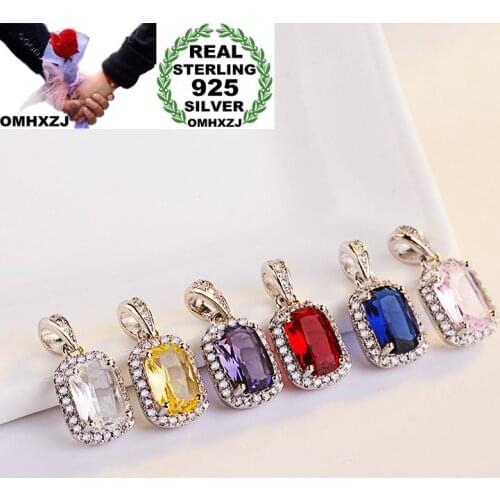 OMHXZJ Wholesale European Fashion Woman Girl Party Wedding Gift Square 6 Colors Zircon 925 Sterling Silver Pendant Charm CA11