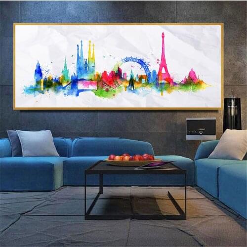 New York Pairs Moscow City Skyline Watercolor Poster City Abstract Painting Large Size Wall Art Print Home Decoration Gift