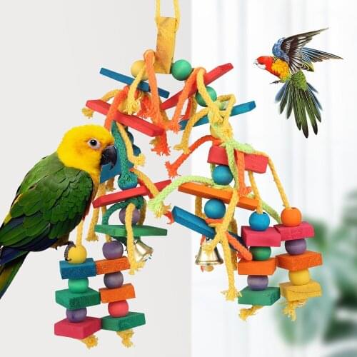 Natural Wooden Parrots Swing Toy Birds Perch Hanging Swings Cage With Colorful Beads Bells Toys Bird Supplies