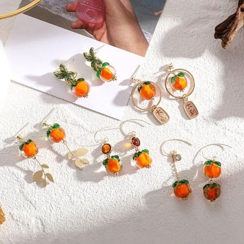Retro Orange Colored Glass Persimmon Chinese Style Earrings Cute Sweet Earrings Fruit Jewelry Fashion Accessories
