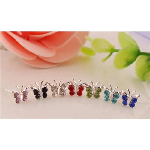 SHUANGR 20 Pairs/Lot 10 Colors Shiny Austrian Crystal Silver Color Small Butterfly Stud Earrings Jewelry For Women Brincos femme