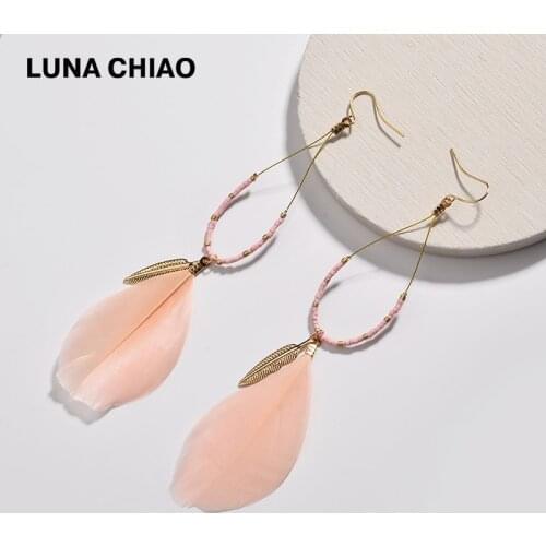 LUNA CHIAO Mini Seed Beads Pink Blush Leaf Feather Water Drop Pendant Earrings for Women