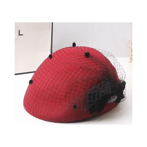 Lady Fedoras Wool Hat Female England Bow Cap Female Lace Stewardess Caps Female Beret Woolen Cap Students Leisure Hats B-8950