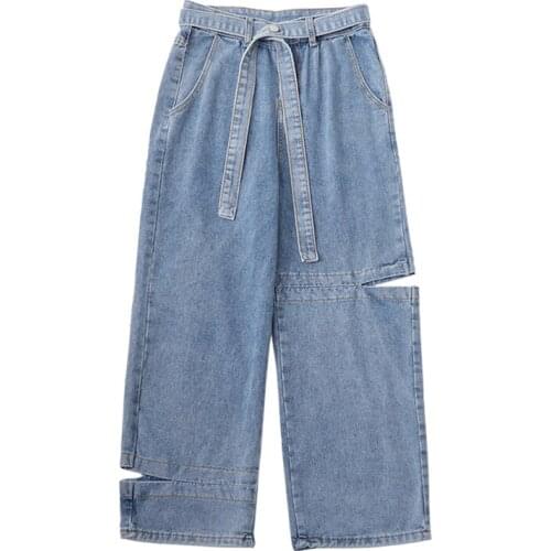 Baggy Jeans For Lady Vintage Blue Hole Denim Pants Women High Waist Casual Clothes Straight Leg Long Trousers Plus Size Autumn