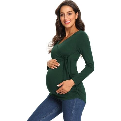 Lace-up Maternity Pure Colour Tops Breastfeeding Pregnant Clothes Long Sleeve Hot Sale Ladies Loose V-Neck Ladies Fashion Coat
