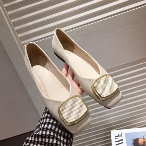 2021 Early Spring New All-Match Metal Rhinestone Buckle Pumps Square Toe Low-Cut Soft Bottom Lazybones' Shoes