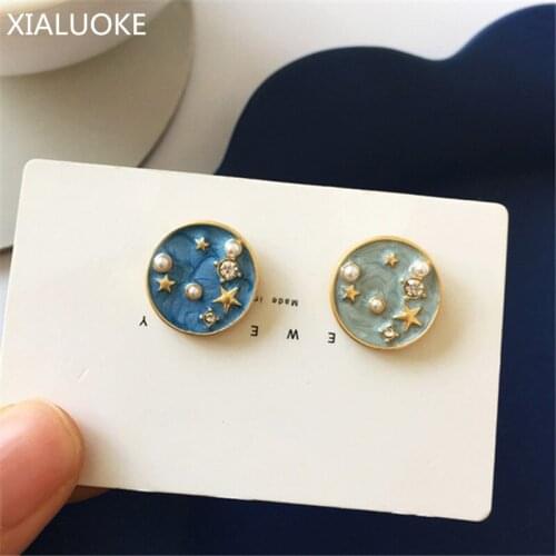 XIALUOKE S925 Needle Fashion Sky Blue Painting Stud Earrings For Women Cute Romantic Stars Crystal Pearls Earrings Jewelry