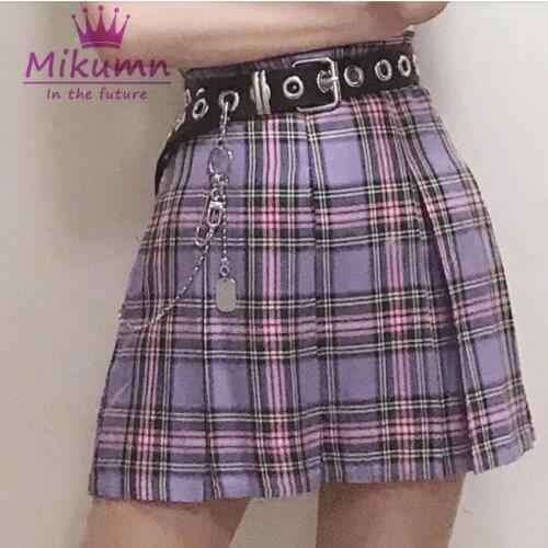 Harajuku Women Purple Plaid Skirts Female Cute Pleated Mini Short High Waist Skirt Gothic Girls Preppy Style Summer Skirts