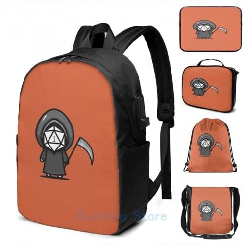 Funny Graphic print Halloween Grim Reaper Critical Fail Polyhedral D20 Dice USB Charge Backpack men School Travel laptop bag