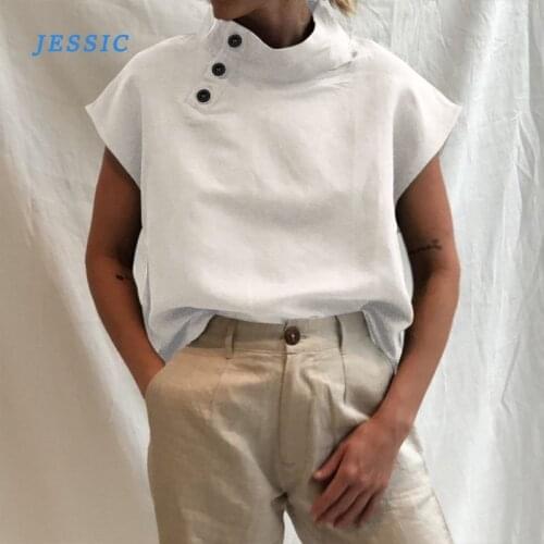 JESSIC Women Solid Stand Neck Button Cotton Linen Shirt Summer Short Sleeve Blouse Casual Tops Female Tunic Plus Size 5XL