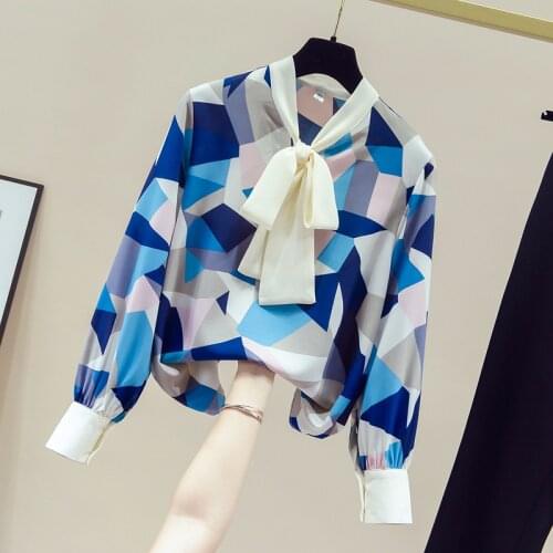 2020 Autumn Womens Bow Collar Long Sleeves Print Shirts Office Ladies Shirt OL Blouse Tops A3666