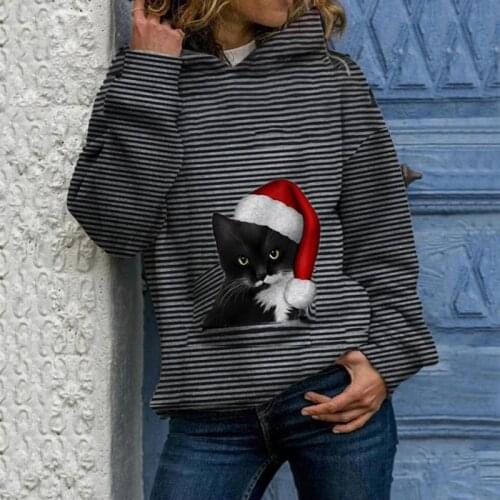 Striped Cat Printed Sweatershirt Long Sleeve Hooded Women Spring Autumn Plus Size Cute Women Hoodies
