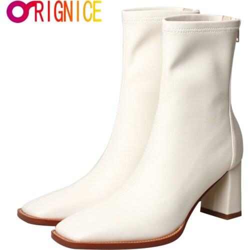 Orignice Autumn Fashion High Quality Leather Women Ankle Boots Back Zipper Thick High Heels Square Toe Party Night Club Shoes