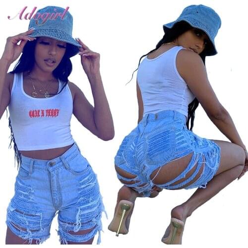 Casual Ripped Distressed Hole High Waist Jeans Pants Women Hollow Out Fly Knee Streetwear Trousers Denim Short Pants