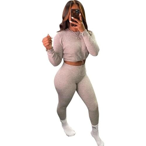Winter New Fashion Casual Knit Sweat Suits Women 2 Piece Set Long Sleeve Crop Top and Pants Active Wear Chandal Mujer