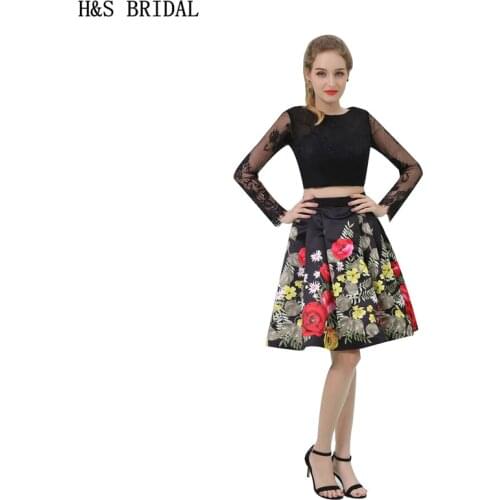 H&S BRIDAL Two Pieces long sleeve prom dresses Backless Lace O Neck Short Evening Dress Black Prom Dress vestido de festa