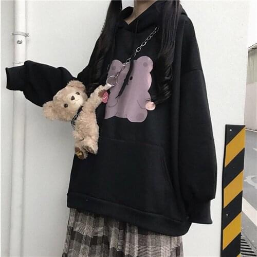 Winter new Korean womens hoodie ins Harajuku fun cartoon print cute bear loose long sleeve hooded sweatshirt punk style women