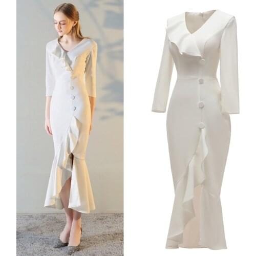 1231#V Neck Ruffle Sheath Soft Satin Ankle Length 3/4 Long Sleeve Bride Gown Wedding Dress Bride Dress vestidos de novia