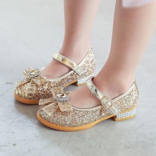 2021 Princess Kids Leather Shoes for Girls Flower Casual Glitter Children High Heel Girls Shoes Butterfly Knot Blue Pink Silver