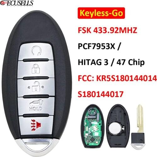 5 Button Remote Smart Car Key FSK 433.92Mhz ID47 Chip FCC ID: KR5S180144014 / S180144017 For Nissan Pathfinder Murano 2013-2016