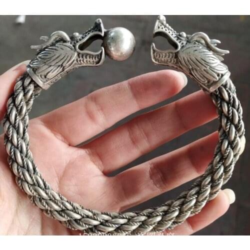Antique Tibetan old silver Miao nationality silver dragon head bracelet bracelet twisted silk-shaped old object,#02