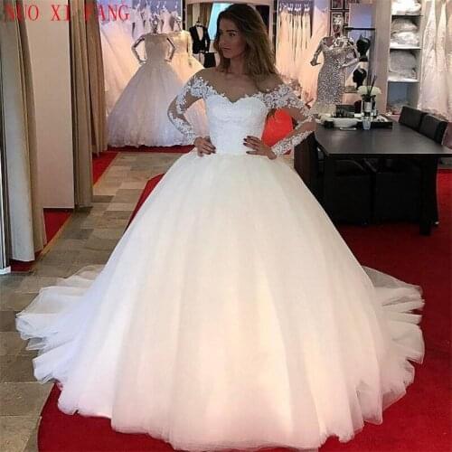 Scoop Neck Long Sleeves Ball Gown Wedding Dress with Beads Sequins Puffy Wedding Bridal Gowns Vintage Boho Vestidos de Noiva